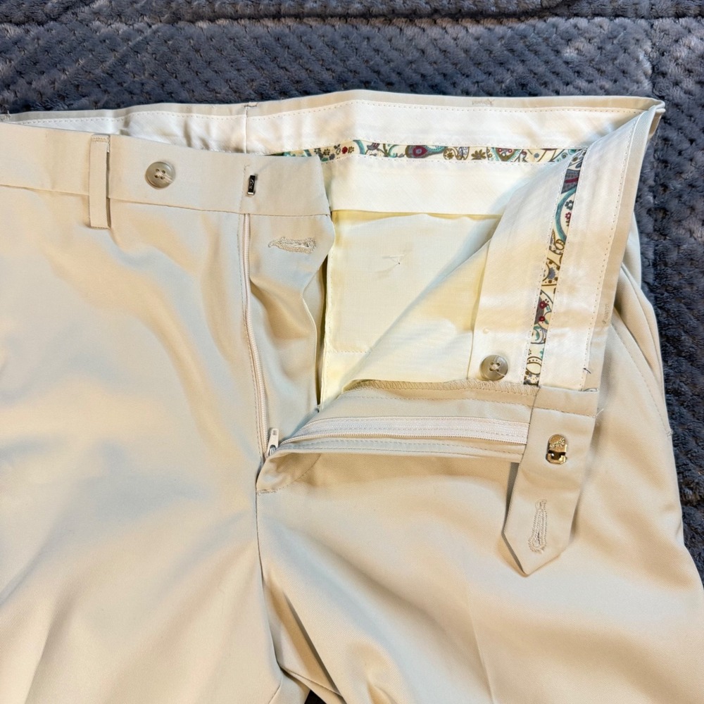 Tom James Mens Custom Dress Trousers Cream Tan Cuffed Flat Front Pants 34x29